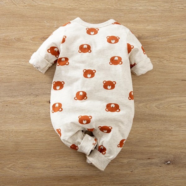 100 % bomull Bear Allover Långärmad Baby Jumpsuit White Newborn