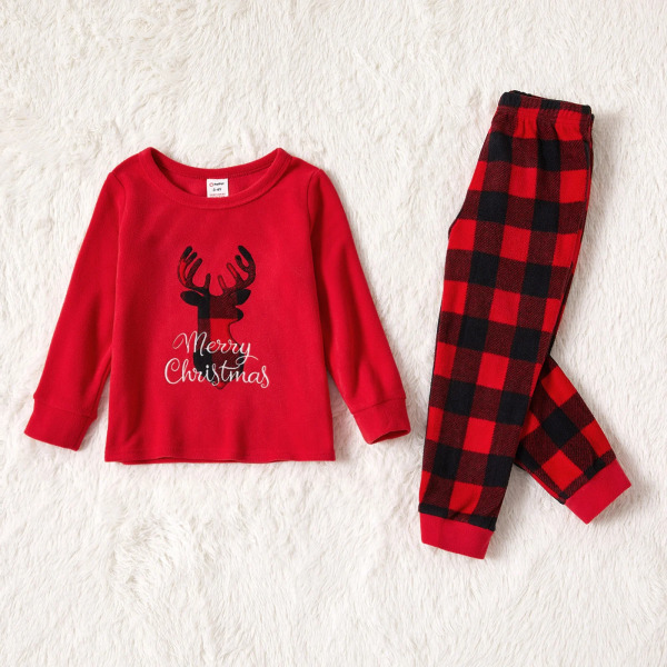 Julhjort och brevbroderade röda familjematchande långärmade pyjamasset i polarfleece (flammsäker) Red Kids 6-7 Years