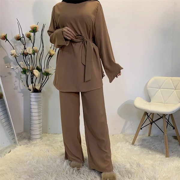 Eid Mubarak Kaftan Dubai Abaya Turkiet Muslimsk mode Hijab Klänning Sets Islam Kläder Abayas För Kvinnor Musulman Ensembles De Mode Brown Set M