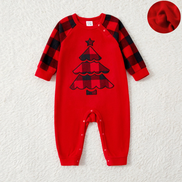 Julfamilj Matchande Xmas Tree Broderad Röd Pläd Raglan-ärm Förtjockad Polar Fleece Pyjamas Set redblack WomenM