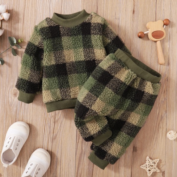 2-delad Toddler Boy Pläd Fuzzy Pullover Sweatshirt och byxor Set Coffee 5-6Years