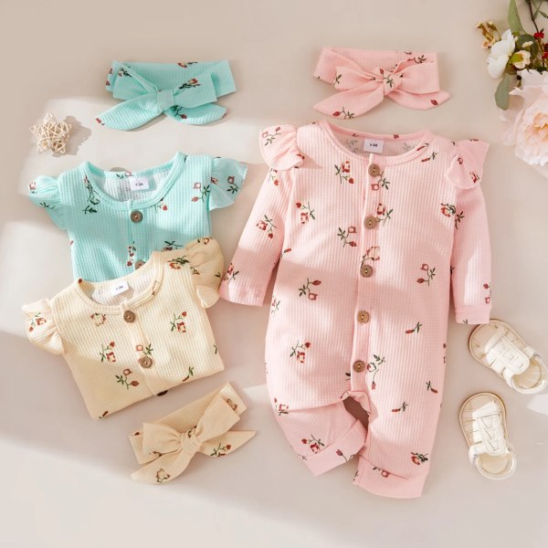 2st Baby Girl 95 % bomull Print blommönster med volang med knäppning Våffel Jumpsuit med set Beige 9-12 Months