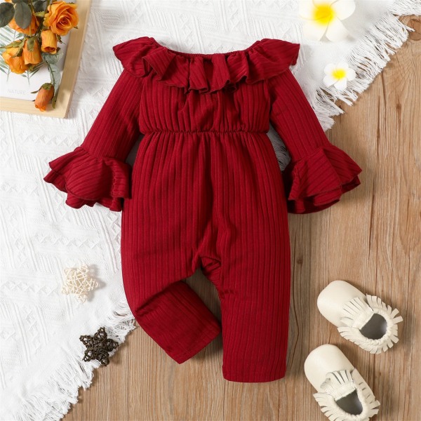 Baby Girl Solid Ribbed Off Shoulder Ruffle Bell Sleeve Jumpsuit Burgundy 6-9 Months