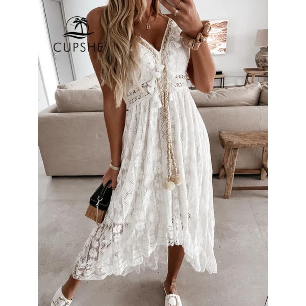 V-ringad snörning Cover Up För Kvinna Vit Sexig Spets Lös Holiday Beach Slip Dress 2023 Summer Maxi Dress Beachwear CAA05A2E063GG M