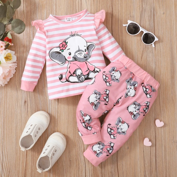 2st Baby Girl 95 % bomull volanger långärmad randig t-shirt och print Naia™ set Pink 18-24Months
