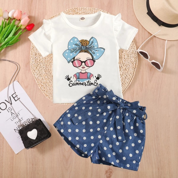 2st Kid Girl Figure Print volanger kortärmad t-shirt och jeansshorts med prickar White 9-10 Years