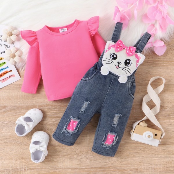 2st Baby Girls volang T-shirt och 3D Cat Animal print Jeans Overall Set HotPink 12-18Months