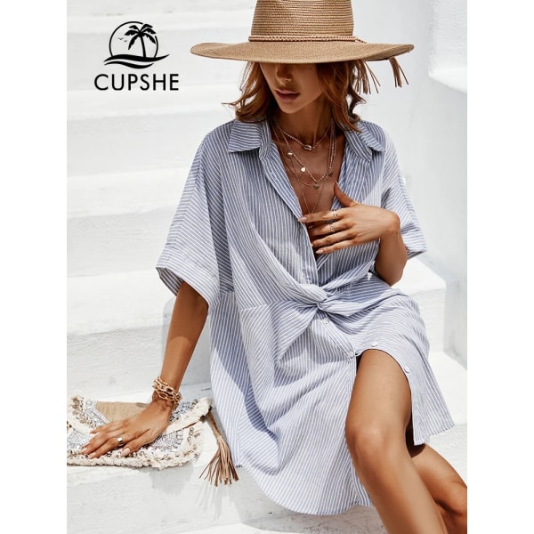 Blue Stripe Bikini Cover Up Kvinna Lös Dolman Sleeve Shirt Krage Holiday Beach Tunika 2023 Summer Mini Dress Beachwear CAA05A2C253CA L