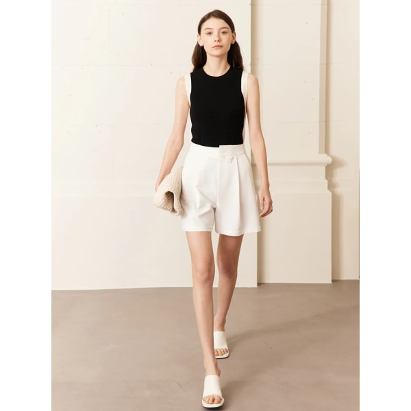 Minimalism Linne för Damkläder 2023 Sommar Rundhalsad Ärmlös Kontrastpanel Smal Ullstickad Crop Tops 12342410 Black L