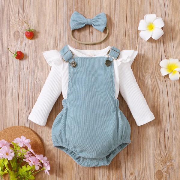 3st Baby Girl Solid Ribbed Volanger ärm Topp och Overall Shorts med Pannband Set LightBlue 3-6Months