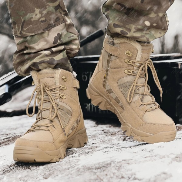 Vinter Snöbara stövlar Motorcykel Herr Militärskor Varma plysch utomhus Taktiska stövlar Army Ankel Thermal Kall Vandring Skidåkning Desert 44