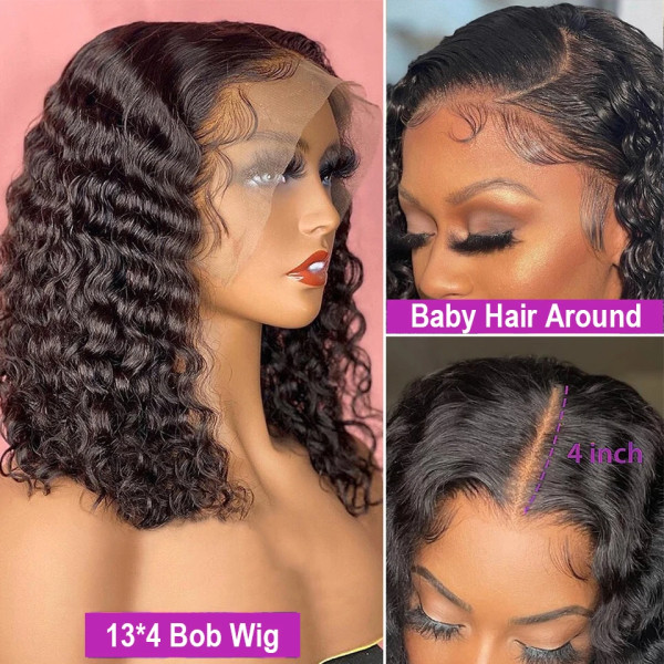 Kort Bob Peruk Jerry Lockigt Människohår Peruk Deep Wave Frontal Peruk Remy Hår Bob Spets Peruk Transparent T Del Spets Peruk för kvinnor 16inches 13x1 Bob Wig