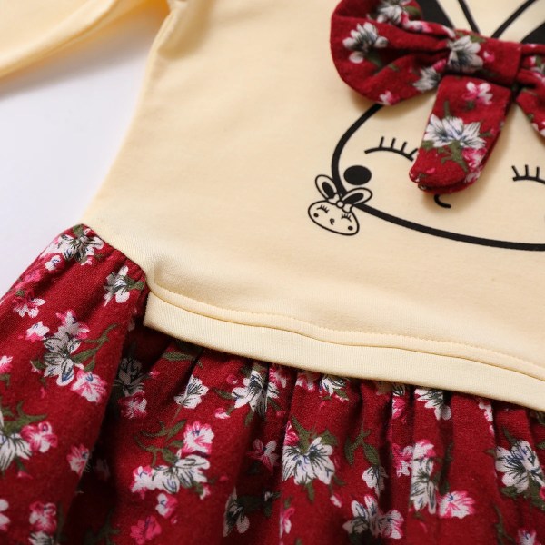 Baby Girl 95 % bomull Långärmad tecknad kanin och blommigt print Bowknot Faux-two-klänning Red 6-9Months