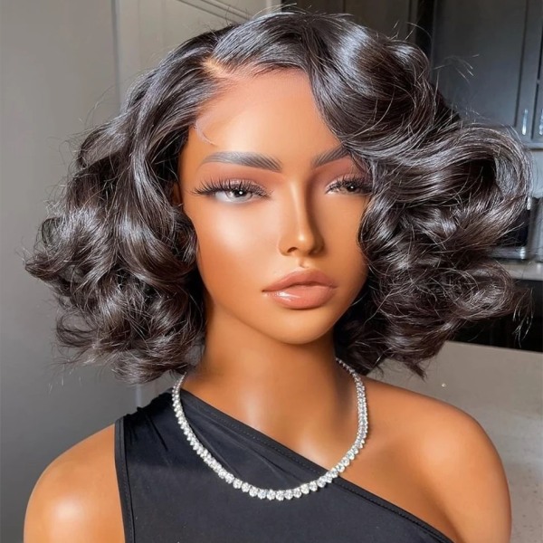 Body Wave Spets Front Människohår Peruker för kvinnor Kort Bob Peruk Brasilianskt vatten Vågigt främre människohår Peruker Förplockat hårfäste 13x1 Lace Wig 12inches