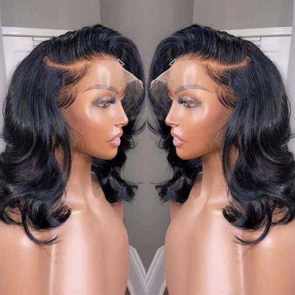 Body Wave Spets Front Människohår Peruker för kvinnor Kort Bob Peruk Brasilianskt vatten Vågigt främre människohår Peruker Förplockat hårfäste 13x4 Lace Wig 12inches