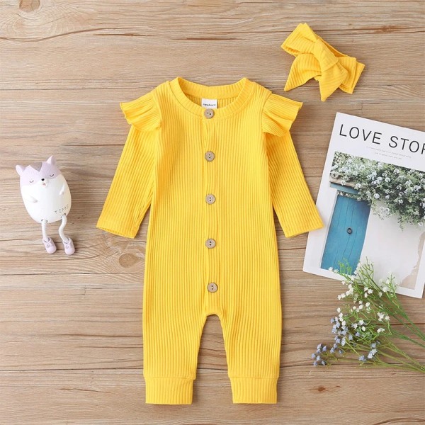 2021 Ny vår och höst Baby Solid Jumpsuit med Pannband Set för Baby Girl Bebiskläder Yellow 0-3 Months