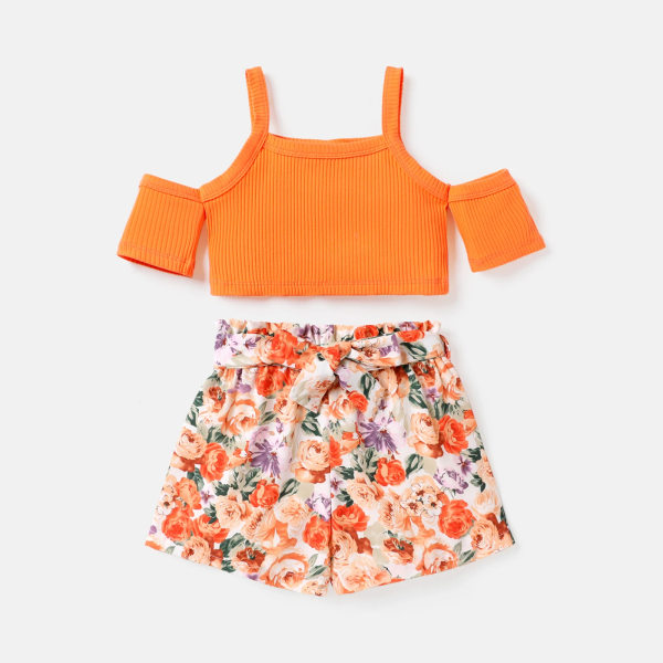 2st Toddler Cold Shoulder Bomulls Camisole & Blommönster Print Shorts Set Orangecolor 5-6 Years