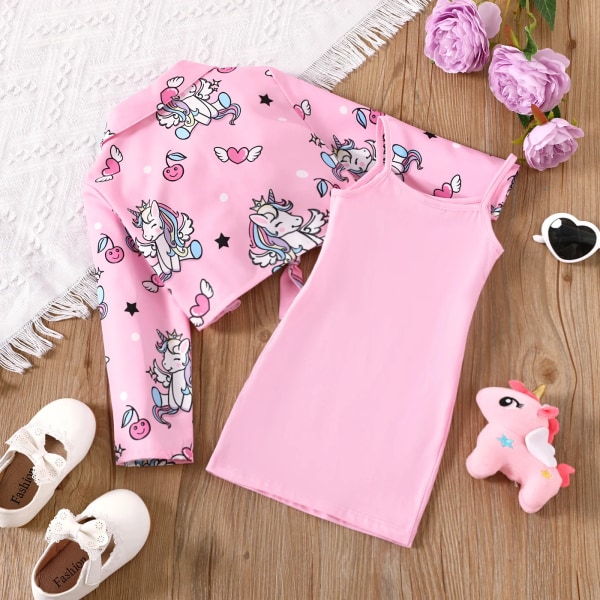 2st Toddler Girl Allover Unicorn Print Långärmad skjorta och Slip Dress Set Pink 2 Years