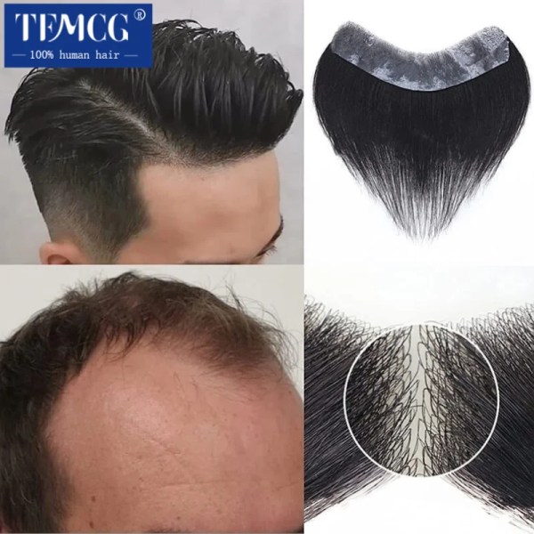 Realistisk främre hårfäste Naturligt människohår Toupé för män V-stil frontman peruk med hud PU-bas manlig peruk Gratis frakt 1B  4x16cm 1Pcs/Lot