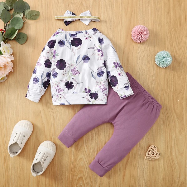 3st Baby Girl 95% bomullsbyxor och allover print Ribstickad långärmad tröja med set Multi-color 3-6Months