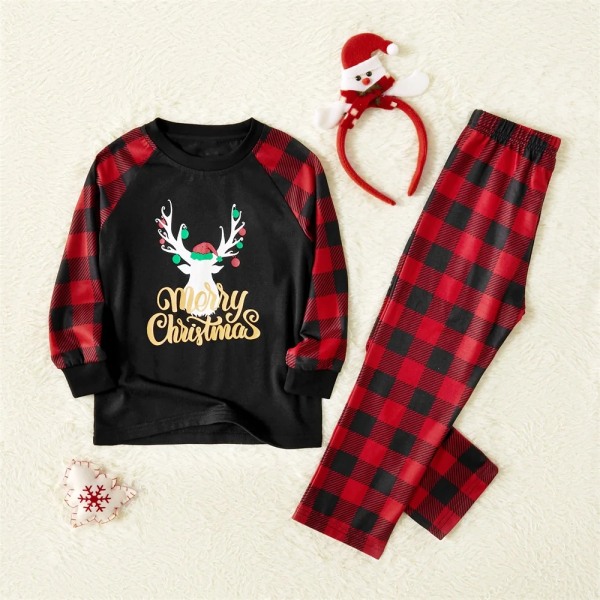 Familjematchande pyjamasset Merry Christmas Letter Antler Print Plaid Splash Pyjamasset för familjen (flammsäker) Red Women XL