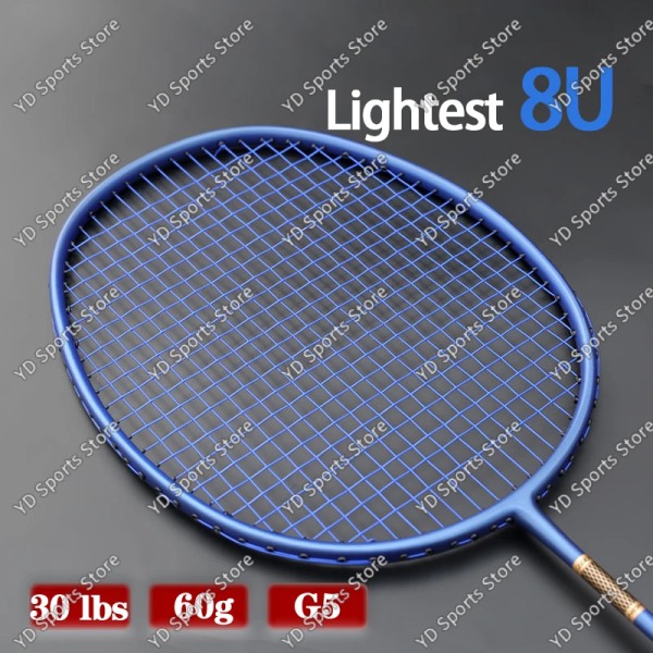 Ultralätt 8U 60G 100% kolfiber badmintonracket med snörepåsar 22-30LBS G5 Professionell racketsport för vuxna Blue