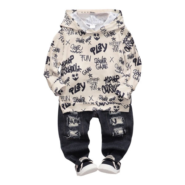 Huvtröjor Baby Boy Kläder Sweatshirt Denim Ripped jeans och print långärmad luvtröja för små pojkar Color block 6-9 Months