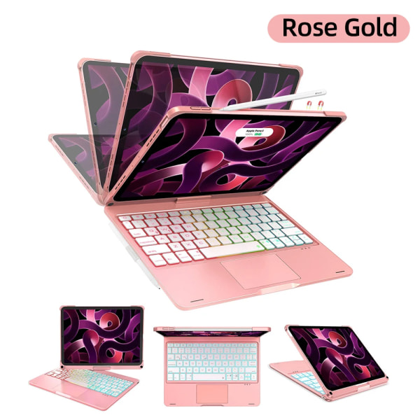 För iPad 10.2 Magic Keyboard För iPad Pro 11 Air 5 4 10.9 Air 3 Pro 10.5 Case För mini 6 360° roterbart bakgrundsbelyst cover iPad 10th Gen Rose Gold English