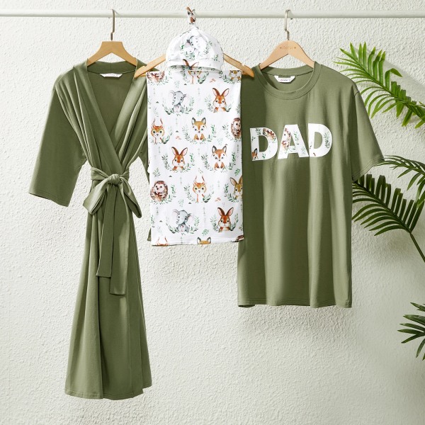 Familjematchande bomullsdräkt med bälte och filt och print med kortärmade t-shirts Green Babynewborn