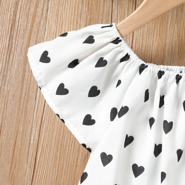 3 st Toddler Girl Heart Print Off Shoulder Blus och jeansshorts & set Black 2Years