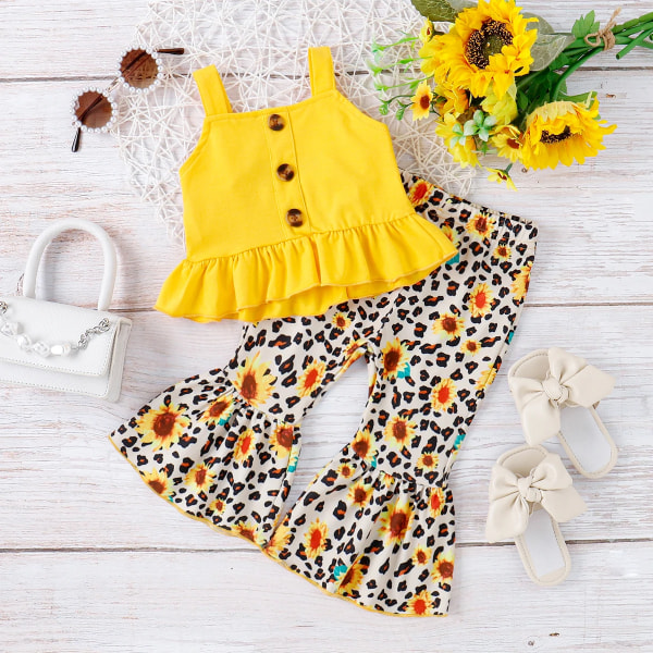 2st Baby Girl Solid, volanger linne och solros- och print utsvängda set Yellow 18-24Months