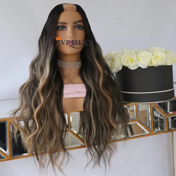 Höjdpunkter Blond Naturlig Vågig V-del Peruk Mellanöppen Ombre Body Wave 100% Människohår Peruk Brasiliansk U-form Full End Machine 130density 20inches