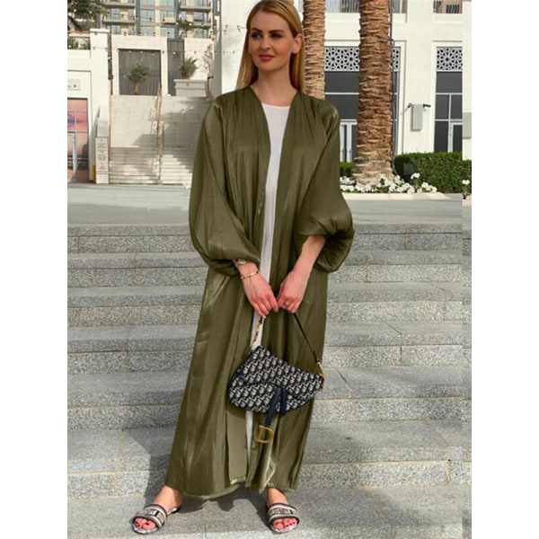 Eid Djellaba Abaya Dubai Glänsande mjuk manschett Ärmar Muslimsk klänning Silkeslen Kimono Dubai Turkiet Muslimsk klänning Islam Abayas Med Bälte WY56 Green No Scarf S