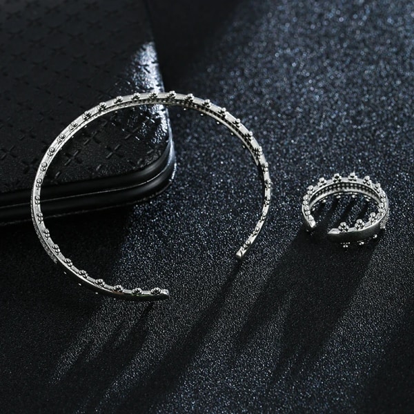 Kvinnors geometriska zirkonarmbandsring tvådelat set högkvalitativt temperament mode smycken 2 delar set Resizable-60cm Platinum