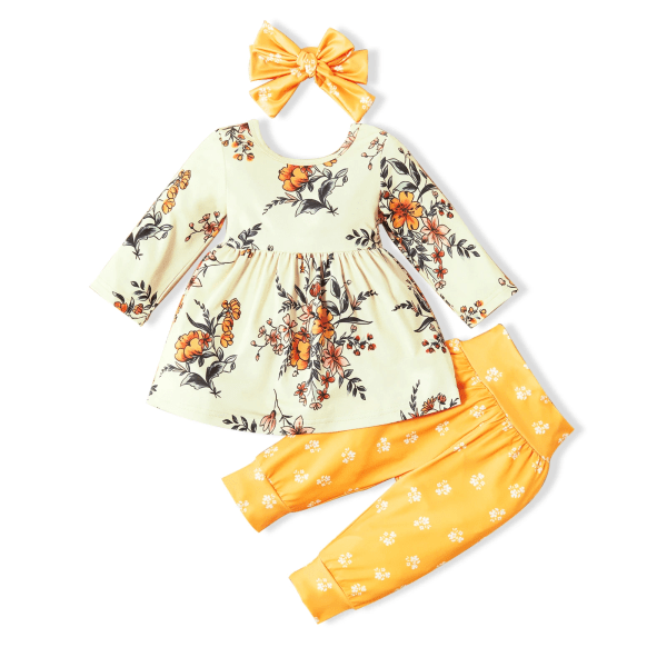 3st Nyfödd Baby Girl Kläder Kostym Höst Nyfödd Stuff Blommig Allover långärmad och byxor Set för barn Brithday Present Yellow 0-3 Months
