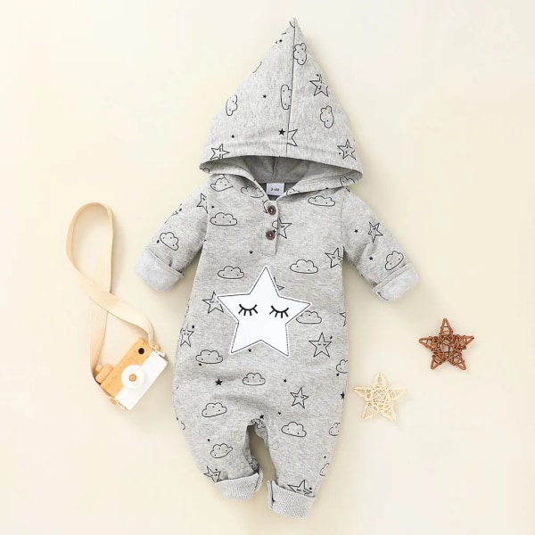 Baby Girl Moon Stars Print Button Design Hooded Långärmad Jumpsuit Grey 3-6Months