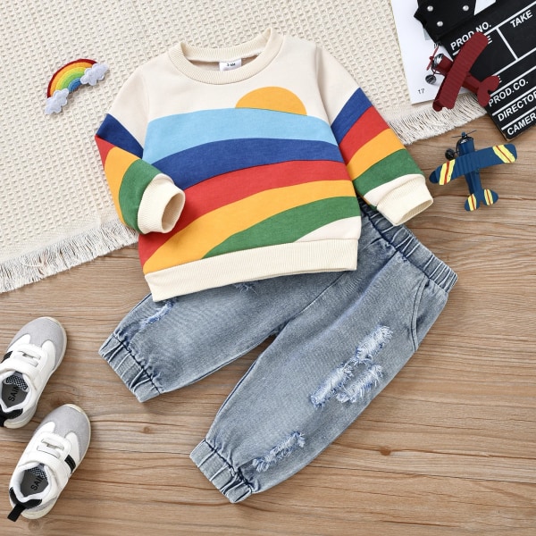 2st Baby Boy/Girl Rainbow Långärmad sweatshirt och 100 % bomull Denim Ripped Jeans Set Beige 18-24 Months