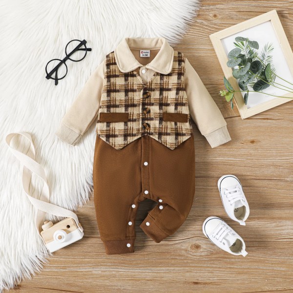 Baby Boy Gentleman väst Faux-två Långärmad Splitsad Jumpsuit Festoutfit Brown 0-3 Months