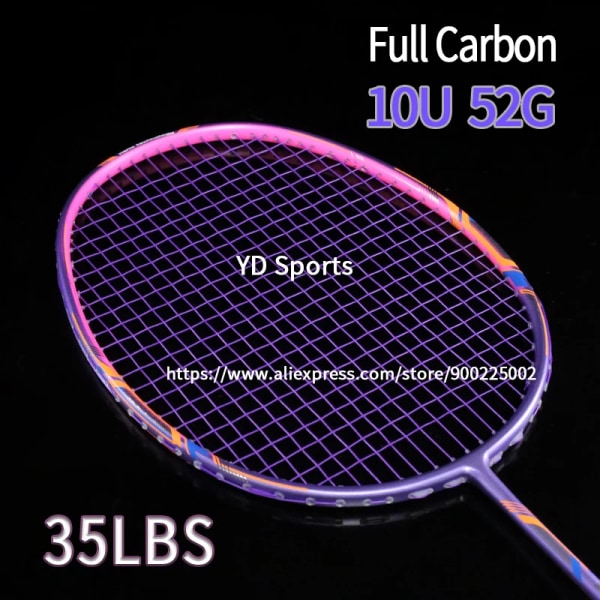 2st/1 par professionella 10U badmintonracketar i full kolfiber uppträdda högspänning 35LBS 13KG racketsport för vuxna violet