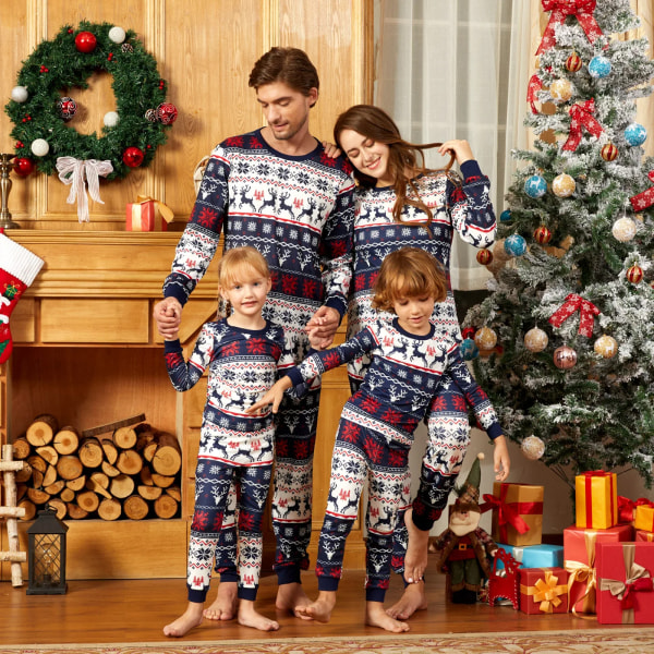 Julpyjamas set överallt Renar och snöflingor Print Familjematchande kläder Långärmade pyjamasset Royal Blue Kids 6 Years