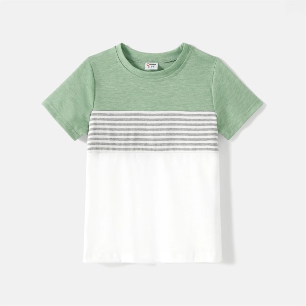 Matchande kläder för familjen Rejäla kortärmade klänningar med bälte och randiga Colorblock T-shirts-set Green Women S