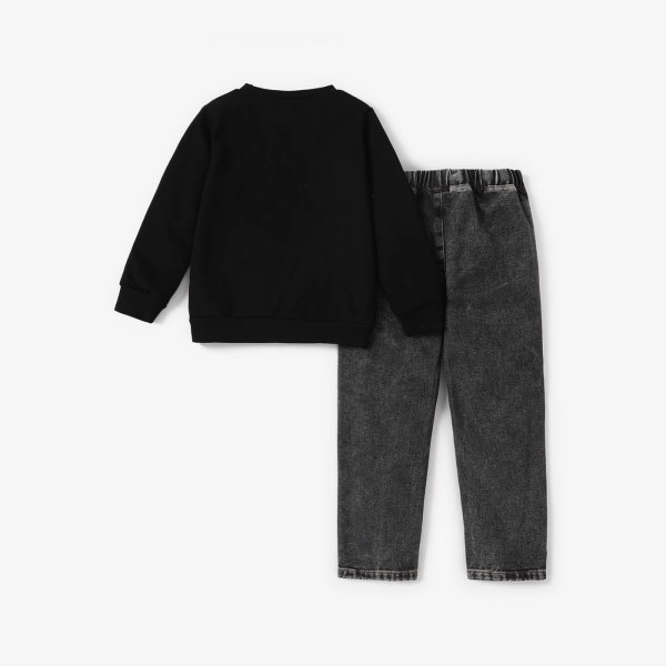 2st Kid Pojke Thanksgiving Casual Letter Top/ Denim Byxa Set Black 11-12Years