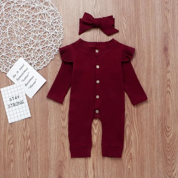 2021 Ny vår och höst Baby Solid Jumpsuit med Pannband Set för Baby Girl Bebiskläder Beige 3-6 Months