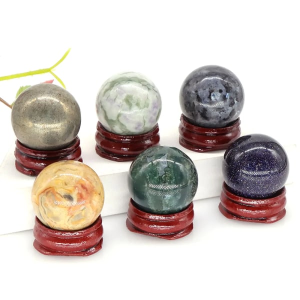 30 mm Naturstenar Ametist Rosenkvarts Reiki Healing Kristaller Energi Chakra Massage Ädelstenboll Heminredning Hantverk med stativ Bamboo Agate 5pcs