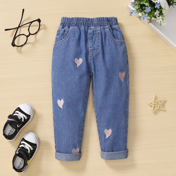 Toddler flicka hjärta broderade elastiska blå jeans jeans Blue 18-24 Months