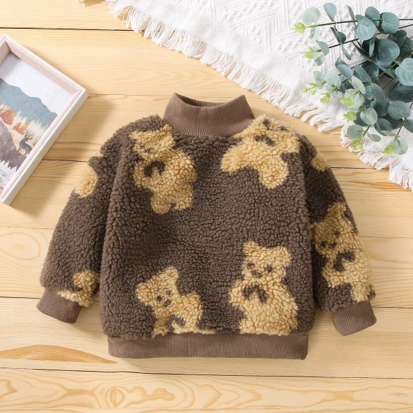Toddler flicka/pojke Björn Print Mock Neck Fuzzy Sweater Brown 3-4Years