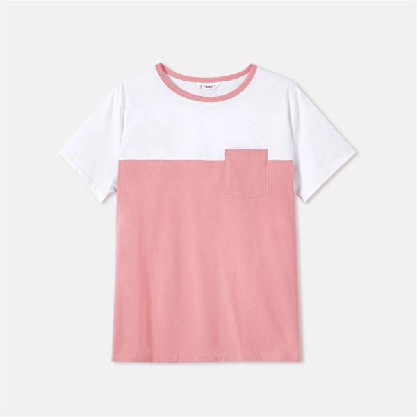 Familjematchande bomull med kortärmade t-shirts och rosa Swiss Dot Lace Detail Fladderärmade klänningar Pink Women S