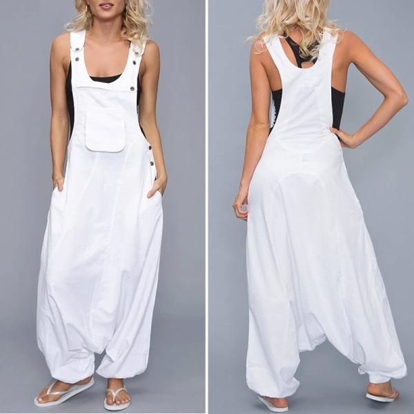 Tunna Jumpsuits för kvinnor Plus Size Ärmlösa rygglösa sidofickor Baggy långa Jumpsuits Dam Lösa Romper Haremsbyxor S-5XL White Style1 L