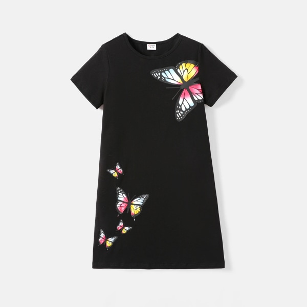Kid Girl Butterfly Print Bomulls Kortärmad T-klänning Black 9-10 Years