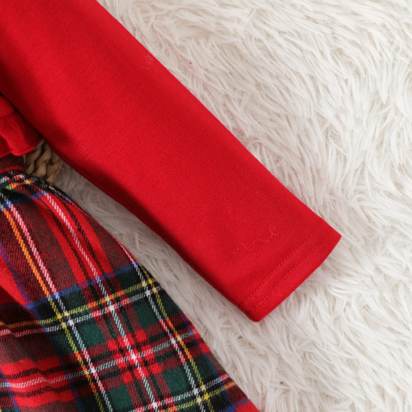 Julklänningar Baby Girl Kläder Röda Faux-två Långärmad volangkant Rosett Plädklänning fram Red 3-6 Months